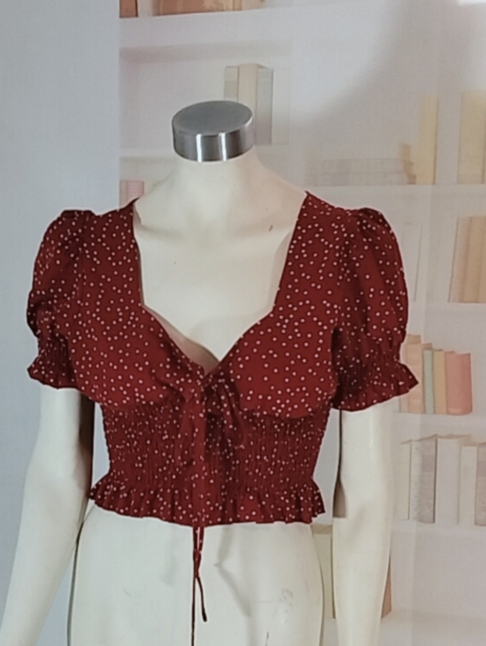 SHEIN Red Polka Dot Tie-Front Puff Sleeve Crop Top